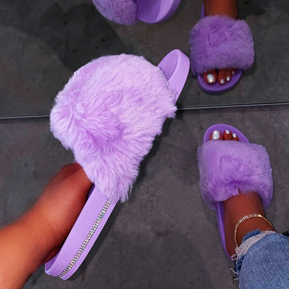 NEW🔥Open Toe Fur Rhinestone Platform Slide Sandal